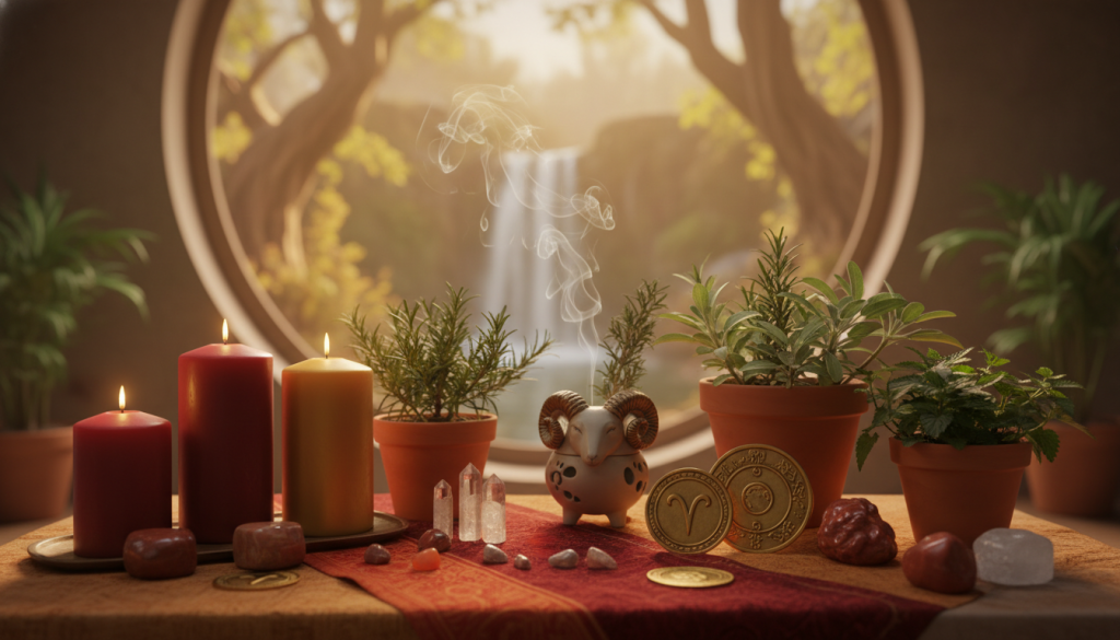 A serene and harmonious ritual space prepared for an Aries-themed ceremony. In the foreground, a neatly arranged table adorned with vibrant red and gold fabrics, featuring candles, crystals, and astrological symbols representing Aries. The middle ground showcases a calming incense burner releasing gentle wisps of smoke, surrounded by potted herbs like rosemary and sage, fostering a sense of purification. The background is softly illuminated, with warm, golden lighting creating an inviting atmosphere, and a backdrop of soft-focus nature elements like trees and flowing water. The angle is slightly elevated to capture the entire scene, conveying a mood of serenity, focus, and spiritual readiness, reflecting an inviting space perfect for ritual preparation.