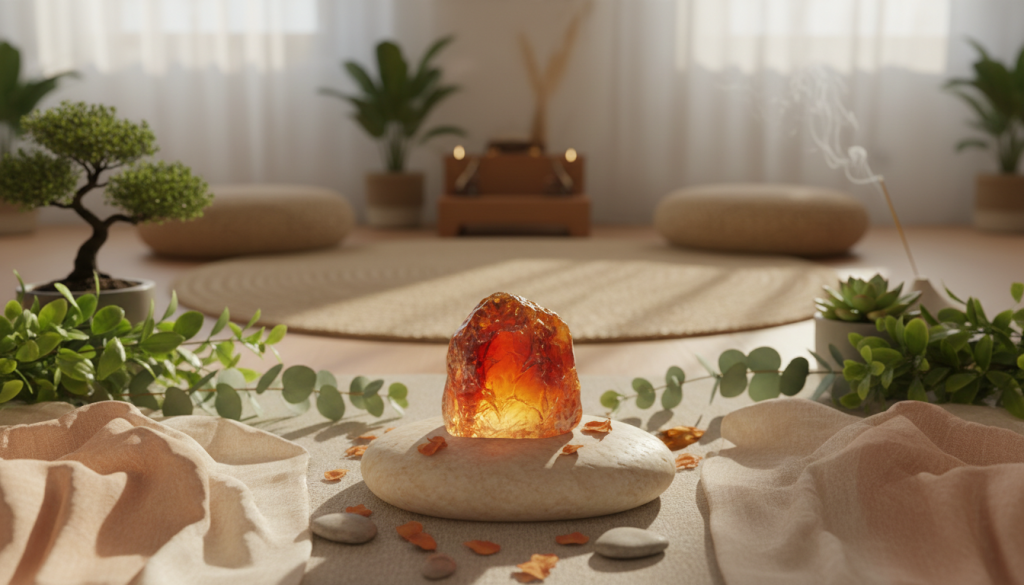 A serene and harmonious scene featuring a radiant Cornalina crystal, symbolizing energy balance and personal equilibrium. In the foreground, the crystal glows warmly with orange and red hues, positioned on a smooth, neutral-toned surface. In the middle ground, lush green plants and soft, flowing fabrics create a tranquil atmosphere, enhancing feelings of serenity. The background features a softly blurred meditation space with gentle, diffused natural light filtering through sheer curtains, casting a warm glow. The overall mood is peaceful and uplifting, inviting contemplation and introspection. The composition should capture a sense of balance and emotional wellness, suitable for an article on personal equilibrium tools.