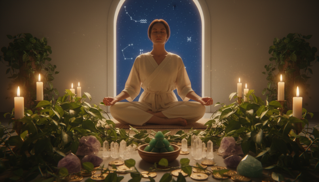 A serene and harmonious space dedicated to abundance, featuring a beautifully arranged altar. In the foreground, a collection of vibrant green plants symbolizing growth, intertwined with golden coins and shimmering crystals. The middle ground showcases a figure dressed in modest, flowing attire, focused and meditating with closed eyes, hands gently resting on knees. Soft, warm candlelight flickers around the altar, casting a gentle glow that enhances the atmosphere of tranquility and reflection. In the background, a window revealing a starry night sky with faint constellations of Aquarius and Pisces, representing the zodiac signs. The scene is imbued with a sense of peace and optimism, ideal for rituals and personal growth. The lighting is soft, creating a magical ambiance, captured with a wide-angle lens to include the entire serene setting.
