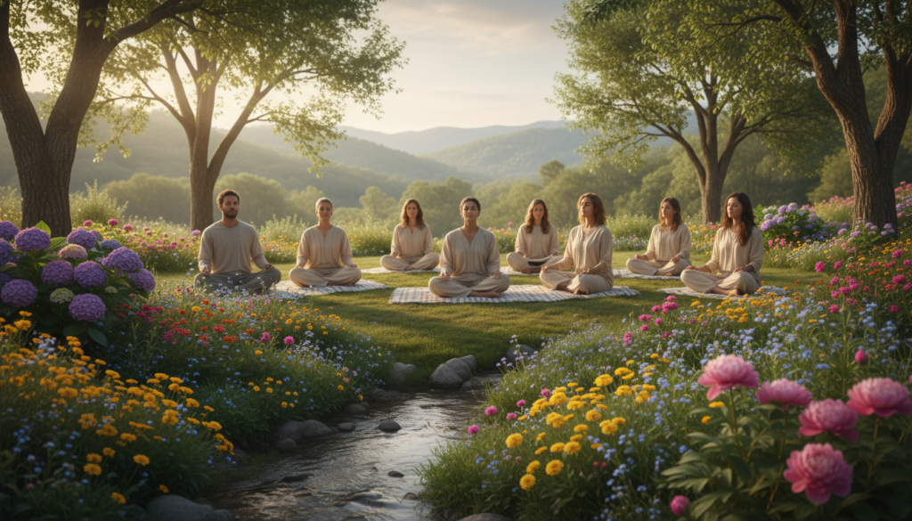 A serene and healing scene depicting a tranquil space aimed at emotional recovery. In the foreground, a gentle stream flows through a lush garden filled with vibrant flowers symbolizing growth and healing. A soft light filters through the trees, creating a warm, inviting atmosphere. In the middle ground, a diverse group of individuals, dressed in modest casual clothing, practice mindfulness activities like meditation and journaling on picnic blankets. Their expressions convey peace and reflection. The background features a soft-focus landscape of rolling hills and trees, suggesting safety and serenity. The overall mood is calm and restorative, captured with soft lighting that enhances the comforting environment, using a slightly elevated angle to encompass the entire soothing setting.
