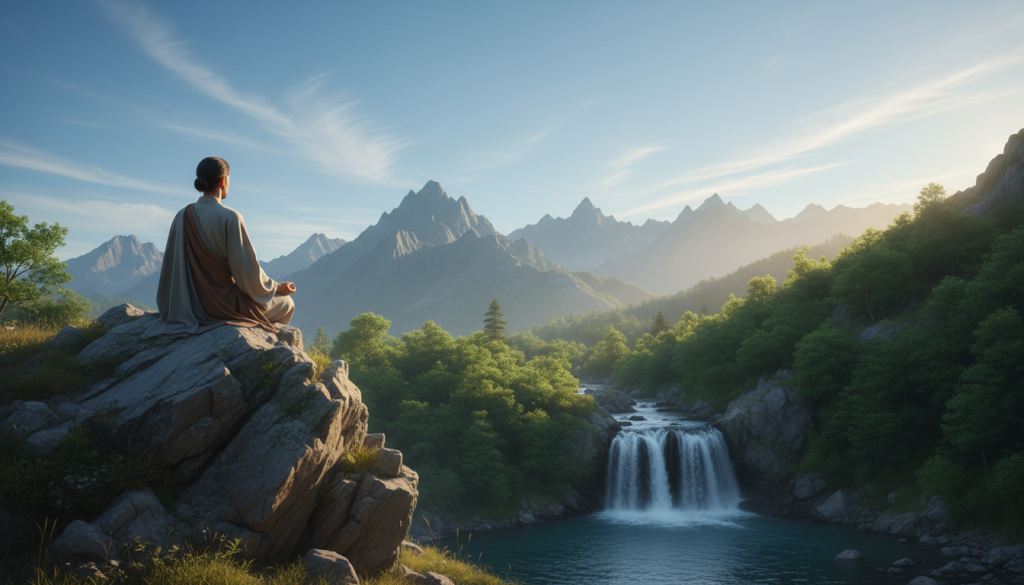 A serene and inspiring scene symbolizing the spiritual journey of individuation, centered around a lone figure meditating on a mountain peak. In the foreground, the figure, dressed in modest, flowing clothing, sits cross-legged on a rocky ledge, bathed in soft golden sunlight. The middle ground features lush green trees and a cascading waterfall, representing nature's purity and growth. The background showcases distant, majestic mountains under a clear blue sky, with wispy clouds drifting by. The atmosphere is calm and introspective, evoking a sense of tranquility and purpose. The lighting captures the warmth of early morning, enhancing the sense of spiritual awakening and self-discovery, while the overall composition invites viewers to reflect on their own path to individuation.