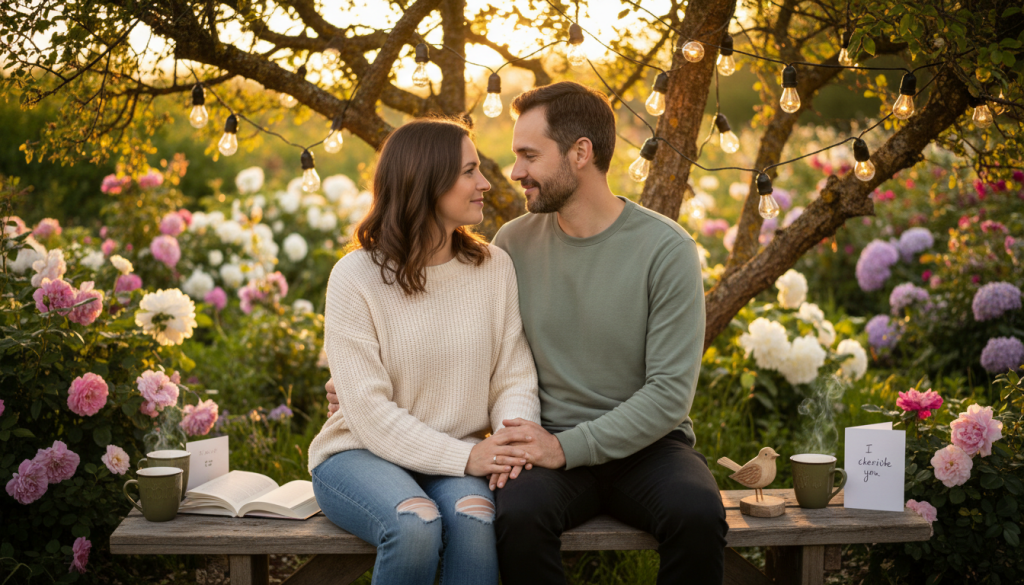 A serene and intimate moment between a couple, depicting the essence of love languages in a relationship. In the foreground, a couple sitting close together, smiling gently at each other, embodying warmth and understanding. They are dressed in modest casual attire; the woman wearing a light blue sweater, and the man in a soft green shirt. In the middle ground, soft, glowing string lights hang from a nearby tree, creating a magical, cozy atmosphere. In the background, a lush garden with blooming flowers under the soft golden light of sunset enhances the romantic mood. Use a soft focus effect to evoke a sense of tenderness, and capture the scene from a slightly elevated angle to emphasize their connection and the enchanting ambiance.