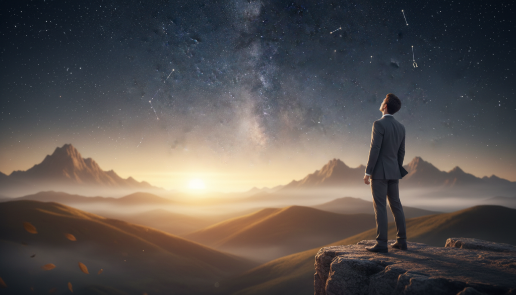 A serene and introspective scene depicting the concept of "búsqueda." In the foreground, a thoughtful individual in professional business attire stands on a cliff's edge, gazing at a vast, starry sky filled with twinkling constellations, symbolizing the search for validation. The middle ground features soft, rolling hills illuminated by a warm, golden sunset, creating a tranquil ambiance. In the background, distant mountains rise majestically, partially shrouded in mist, enhancing the feeling of depth and exploration. The overall mood is contemplative and hopeful, with a gentle breeze suggested by the soft rustling of leaves. Utilize soft focus for the foreground and a clear focus for the background to create a balanced, visually appealing composition. The lighting should be warm and inviting, evoking a sense of calm and introspection.