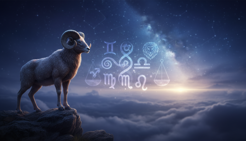A serene and introspective scene depicting the concept of "lealtad" (loyalty) represented through the zodiac signs. In the foreground, a symbolic image of the Aries ram, strong and steadfast, standing tall on a rocky outcrop, its gaze directed toward the horizon. The middle ground features ethereal representations of other zodiac symbols, subtly blended into the landscape, symbolizing unity and harmony among the signs. The background showcases a twilight sky, infused with deep blues and purples, illuminated by a soft glow of stars. The atmosphere is contemplative, inviting reflection on the themes of loyalty in the zodiac. High-resolution, with a cinematic depth of field to emphasize the ram and the surrounding cosmic elements, creating a mystical and emotional mood. A serene and introspective scene depicting the concept of "lealtad" (loyalty) represented through the zodiac signs. In the foreground, a symbolic image of the Aries ram, strong and steadfast, standing tall on a rocky outcrop, its gaze directed toward the horizon. The middle ground features ethereal representations of other zodiac symbols, subtly blended into the landscape, symbolizing unity and harmony among the signs. The background showcases a twilight sky, infused with deep blues and purples, illuminated by a soft glow of stars. The atmosphere is contemplative, inviting reflection on the themes of loyalty in the zodiac. High-resolution, with a cinematic depth of field to emphasize the ram and the surrounding cosmic elements, creating a mystical and emotional mood.
