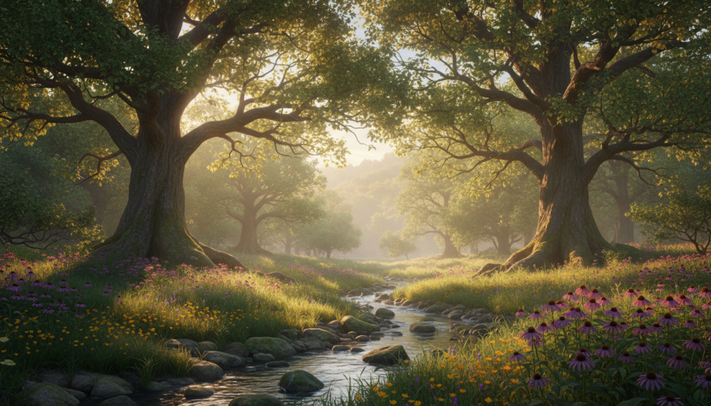 A serene and lush forest landscape during the golden hour, with soft, warm sunlight filtering through the dense canopy of vibrant green leaves. In the foreground, a gentle stream flows over smooth stones, surrounded by wildflowers in shades of purple and yellow. The middle ground features majestic trees with wide trunks and thick foliage, creating a sense of safety and tranquility. In the background, rolling hills fade into a soft mist, suggesting the vastness of nature. The atmosphere is peaceful and rejuvenating, inviting the viewer to connect deeply with the natural world. Use a wide-angle perspective to capture the expansive beauty and detail of this harmonious setting, emphasizing the interplay of light and shadows for a rich, immersive experience.