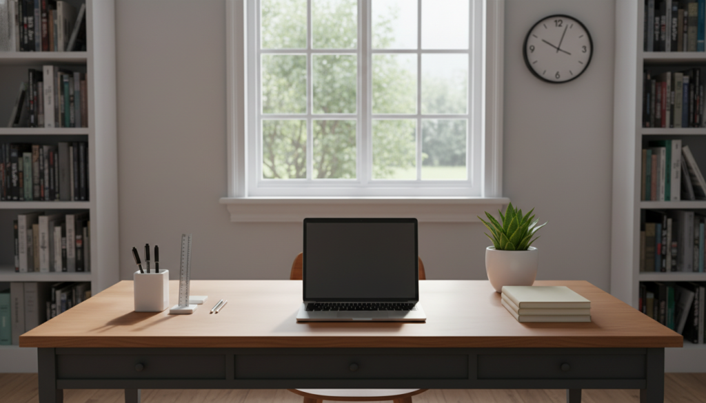 A serene and meticulously organized workspace reflecting "perfection and order". In the foreground, a polished wooden desk with neatly arranged stationery, a perfectly aligned laptop, and a fresh potted plant. In the middle, a large window allows soft, diffused natural light to flood the room, casting gentle shadows. In the background, shelves filled with well-organized books, each spine facing outward, and a wall clock displaying precise time. The atmosphere is calm and focused, evoking a sense of tension in the pursuit of perfection. The color palette is soft and neutral, highlighting the clean lines and minimalistic design. The camera angle is slightly elevated, providing a comprehensive view of the workspace while drawing attention to its orderly elegance.