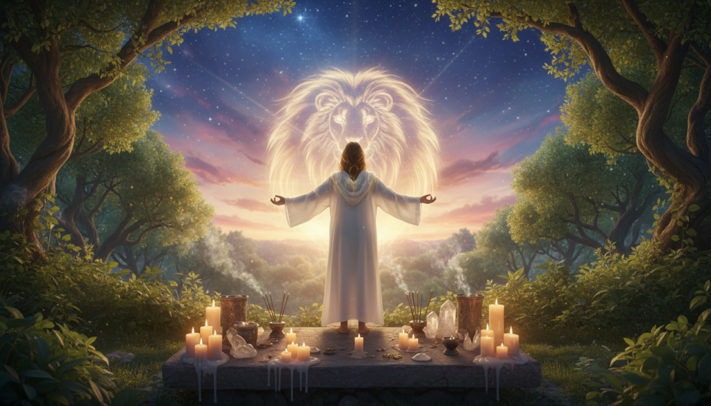 A serene and mystical setting depicting a ritual space dedicated to invoking the energy of Archangel Leo. In the foreground, a glowing altar adorned with candles, crystals, and incense emits soft, warm light. A figure in modest, flowing white robes stands in a meditative pose, surrounded by swirling golden energy, symbolizing the Archangel's protective presence. In the middle ground, lush greenery and ethereal light filters through branches, creating an enchanting forest ambiance. The background features a starry sky blending into dawn colors, instilling a sense of hope and enlightenment. The scene is illuminated with soft, diffused lighting, enhancing the magical atmosphere. The overall mood is peaceful, uplifting, and spiritual, designed to evoke a connection with divine energy.