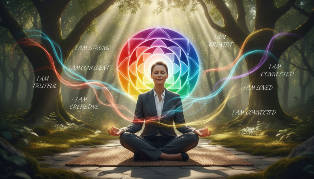 A serene and vibrant depiction of chakra affirmations, featuring a glowing mandala design representing the seven chakras in rich colors like deep red, orange, yellow, green, blue, indigo, and violet. In the foreground, a calm individual dressed in professional business attire sits cross-legged on a soft, natural surface, with palms resting on their knees, radiating positivity. The middle ground showcases a gentle flow of energy represented by light waves gently moving around the figure, intertwining with the chakra colors. In the background, a tranquil nature scene with soft sunlight filtering through lush trees creates an uplifting atmosphere, casting delicate shadows. The mood is empowering and peaceful, inviting viewers to embrace their inner strength through positive affirmations.