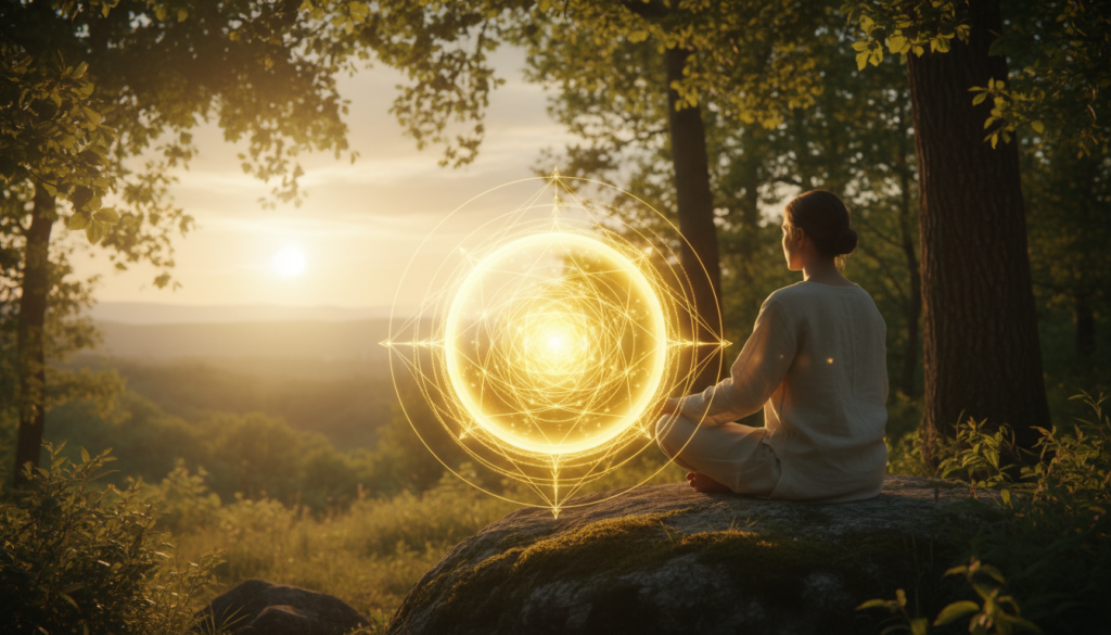 A serene and vibrant representation of the solar plexus chakra, situated in the foreground of a peaceful natural landscape. The chakra is illustrated as a glowing yellow orb, radiating light and energy, with intricate geometric patterns flowing outward, symbolizing balance and vitality. In the middle ground, a meditative figure dressed in modest, flowing attire sits cross-legged, surrounded by soft rays of sunlight filtering through lush green leaves. The background features a tranquil landscape of hills and a gentle, golden sunset sky, enhancing the scene's harmony. Soft, warm lighting fills the entire image, creating an atmosphere of tranquility and energy. The overall mood is uplifting and grounding, inviting the viewer to connect with their inner strength.