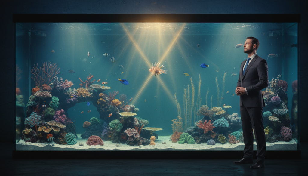 A serene aquarium scene that embodies the concept of calculated indifference, showcasing a variety of exotic fish swimming calmly among vibrant coral reefs. In the foreground, a sleek, confident figure dressed in professional business attire stands beside the aquarium, gazing thoughtfully at the fish. The middle section features streams of light filtering through the water, creating a tranquil atmosphere, while the background includes soft-focus silhouettes of elegant plants swaying gently. The color palette is a blend of calming blues and greens, with warm golden highlights reflecting off the tank. The overall mood conveys a sense of contemplation and detachment, highlighting the juxtaposition of life within the aquarium and the poised individual observing it. Use a wide-angle lens to capture the expansive scene, enhancing the immersive quality. A serene aquarium scene that embodies the concept of calculated indifference, showcasing a variety of exotic fish swimming calmly among vibrant coral reefs. In the foreground, a sleek, confident figure dressed in professional business attire stands beside the aquarium, gazing thoughtfully at the fish. The middle section features streams of light filtering through the water, creating a tranquil atmosphere, while the background includes soft-focus silhouettes of elegant plants swaying gently. The color palette is a blend of calming blues and greens, with warm golden highlights reflecting off the tank. The overall mood conveys a sense of contemplation and detachment, highlighting the juxtaposition of life within the aquarium and the poised individual observing it. Use a wide-angle lens to capture the expansive scene, enhancing the immersive quality.
