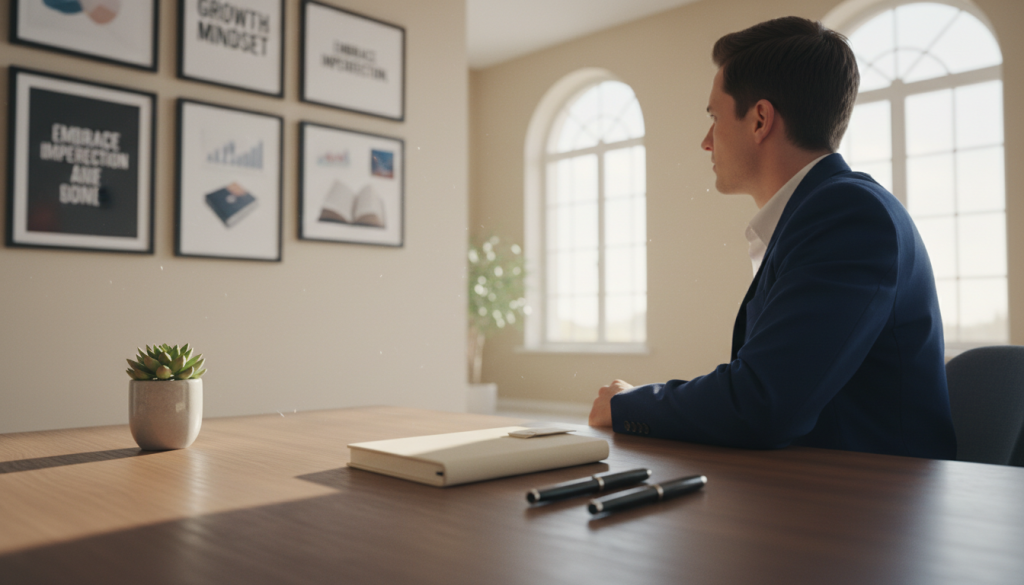 A serene, contemplative workspace filled with a sense of hidden tension. In the foreground, a meticulously organized desk with a pristine notebook, a perfectly aligned stack of pens, and a single potted plant, symbolizing growth and potential. The middle ground showcases a thoughtful individual in professional attire, gazing at a wall covered in motivational quotes and a clutter-free vision board, yet their expression reveals an inner struggle with perfectionism. The background displays a softly lit room with warm tones, large windows allowing gentle natural light to stream in, creating a calming atmosphere. The overall mood conveys a sense of aspiration, yet hints at the frustration that perfectionism can evoke. Focus on capturing the intricate details of the desk and the nuanced emotions of the individual, utilizing a shallow depth of field for a soft focus effect.