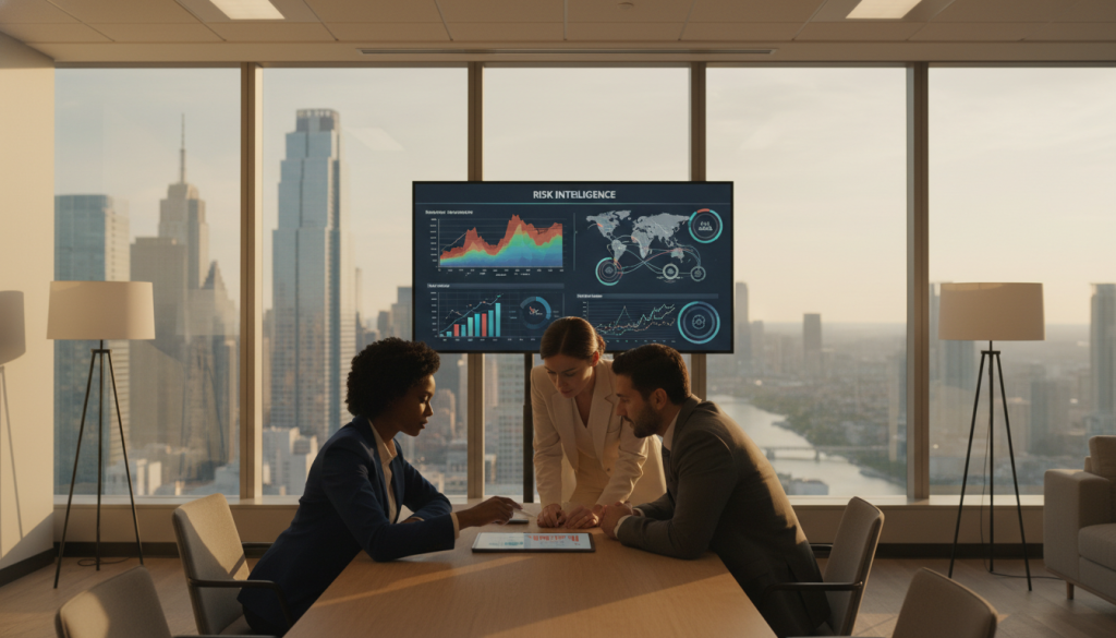 A serene corporate office environment illustrating risk management. In the foreground, a diverse group of three professionals—one African American woman, one Hispanic man, and one Caucasian woman—all dressed in formal business attire, are engaged in a strategic discussion. They are analyzing graphs and charts on a modern tablet. In the middle ground, a large screen displays data visualizations of risk assessments and financial forecasts. The background features sleek glass windows with a panoramic city view. The lighting is soft and warm, creating an inviting atmosphere. The scene evokes a mood of focus and dedication towards financial safety, showcasing teamwork and intelligent decision-making. Capture this from a slightly elevated angle for a comprehensive view of the setting. A serene corporate office environment illustrating risk management. In the foreground, a diverse group of three professionals—one African American woman, one Hispanic man, and one Caucasian woman—all dressed in formal business attire, are engaged in a strategic discussion. They are analyzing graphs and charts on a modern tablet. In the middle ground, a large screen displays data visualizations of risk assessments and financial forecasts. The background features sleek glass windows with a panoramic city view. The lighting is soft and warm, creating an inviting atmosphere. The scene evokes a mood of focus and dedication towards financial safety, showcasing teamwork and intelligent decision-making. Capture this from a slightly elevated angle for a comprehensive view of the setting.