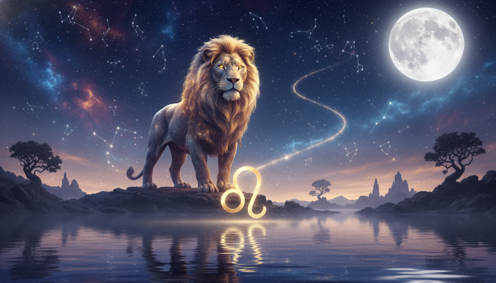 A serene cosmic landscape depicting the influence of celestial bodies on spiritual growth, with a luminous zodiac symbol for Leo glowing in the foreground. The foreground features soft, ethereal light reflecting off a tranquil body of water, suggesting harmony and introspection. In the middle, a majestic lion, symbolizing Leo, stands proudly, bathed in gentle starlight, embodying strength and wisdom. The background reveals a stunning night sky filled with vibrant constellations and a large, radiant full moon, casting a mystical glow over the scene. Use a wide-angle lens to capture the grandeur of the cosmos, emphasizing the connection between the divine and the individual. The overall mood is one of tranquility, inspiration, and a deep sense of spiritual awakening.