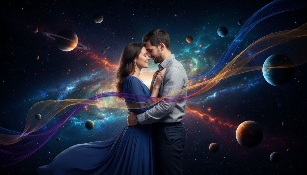 A serene cosmic landscape featuring two individuals, a couple dressed in elegant, modest casual attire, standing in a harmonious embrace under a starry sky filled with swirling constellations and vibrant nebulae. The foreground showcases the couple in a close-up view, their expressions reflecting contemplative joy and connection. In the middle ground, ethereal, glowing energy waves flow around them, symbolizing astral influences, intertwining colors of blues, purples, and soft golds. The background presents a vast, star-filled universe, with planets and celestial bodies adding depth and wonder to the scene. Soft, mystical lighting creates a tranquil yet vibrant atmosphere, giving the impression of a cosmic alignment that enhances their bond. The composition is balanced, with a gentle focus on the couple amidst the expansive cosmos. A serene cosmic landscape featuring two individuals, a couple dressed in elegant, modest casual attire, standing in a harmonious embrace under a starry sky filled with swirling constellations and vibrant nebulae. The foreground showcases the couple in a close-up view, their expressions reflecting contemplative joy and connection. In the middle ground, ethereal, glowing energy waves flow around them, symbolizing astral influences, intertwining colors of blues, purples, and soft golds. The background presents a vast, star-filled universe, with planets and celestial bodies adding depth and wonder to the scene. Soft, mystical lighting creates a tranquil yet vibrant atmosphere, giving the impression of a cosmic alignment that enhances their bond. The composition is balanced, with a gentle focus on the couple amidst the expansive cosmos.