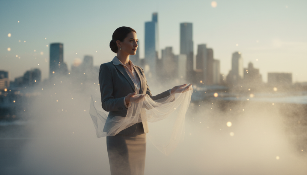 A serene, ethereal scene depicting the concept of "subtlety as the primary weapon." In the foreground, a female figure dressed in professional business attire stands poised and contemplative, her expression reflecting cunning intelligence. In her hands, she gently holds a delicate, translucent veil that symbolizes the art of persuasion and subtlety. In the middle ground, soft, swirling mist creates an atmosphere of mystery, accented by glimmers of light that dance through the air. The background features a softly blurred cityscape, highlighting the contrast between the serene figure and the bustling world behind her. Natural lighting bathes the scene in a warm glow, evoking an air of intrigue and sophistication. The overall mood is enigmatic, inviting the viewer to ponder the power of subtle manipulation. A serene, ethereal scene depicting the concept of "subtlety as the primary weapon." In the foreground, a female figure dressed in professional business attire stands poised and contemplative, her expression reflecting cunning intelligence. In her hands, she gently holds a delicate, translucent veil that symbolizes the art of persuasion and subtlety. In the middle ground, soft, swirling mist creates an atmosphere of mystery, accented by glimmers of light that dance through the air. The background features a softly blurred cityscape, highlighting the contrast between the serene figure and the bustling world behind her. Natural lighting bathes the scene in a warm glow, evoking an air of intrigue and sophistication. The overall mood is enigmatic, inviting the viewer to ponder the power of subtle manipulation.