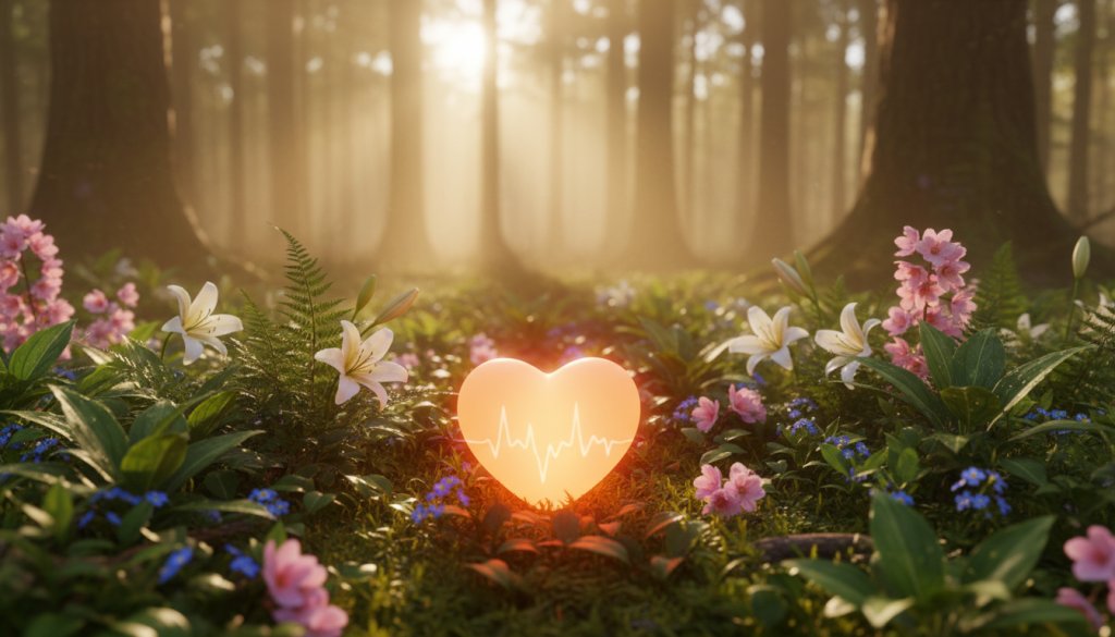 A serene, heartwarming scene depicting a gently glowing heart surrounded by lush, green foliage. In the foreground, the heart radiates soft, warm light, symbolizing healing and hope. In the middle ground, delicate flowers bloom, representing renewal and emotional growth. The background features a tranquil, sunlit forest with rays of sunlight filtering through the trees, creating a peaceful ambiance. The overall atmosphere is one of calmness and tranquility, inviting the viewer to reflect on themes of forgiveness and healing after heartbreak. The lighting is soft and ethereal, resembling the gentle light of dawn, captured with a close-up angle to emphasize the heart's warmth and significance. A serene, heartwarming scene depicting a gently glowing heart surrounded by lush, green foliage. In the foreground, the heart radiates soft, warm light, symbolizing healing and hope. In the middle ground, delicate flowers bloom, representing renewal and emotional growth. The background features a tranquil, sunlit forest with rays of sunlight filtering through the trees, creating a peaceful ambiance. The overall atmosphere is one of calmness and tranquility, inviting the viewer to reflect on themes of forgiveness and healing after heartbreak. The lighting is soft and ethereal, resembling the gentle light of dawn, captured with a close-up angle to emphasize the heart's warmth and significance.