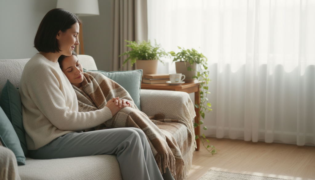 A serene indoor scene depicting a caring individual gently supporting a loved one seated on a comfortable couch. In the foreground, a light-filled room with soft, natural lighting creates a warm atmosphere. The person providing support is dressed in modest casual clothing, showing empathy through their attentive expression and gentle gestures, such as holding the other person's hand. The middle ground features a cozy setting with potted plants, soft cushions, and a warm blanket draped over the couch, enhancing the comforting ambiance. In the background, a window reveals a soft, bright daylight filtering through sheer curtains, symbolizing hope and healing. The overall mood is one of compassion, understanding, and emotional support, reflecting a deep connection between the two individuals in their healing journey.