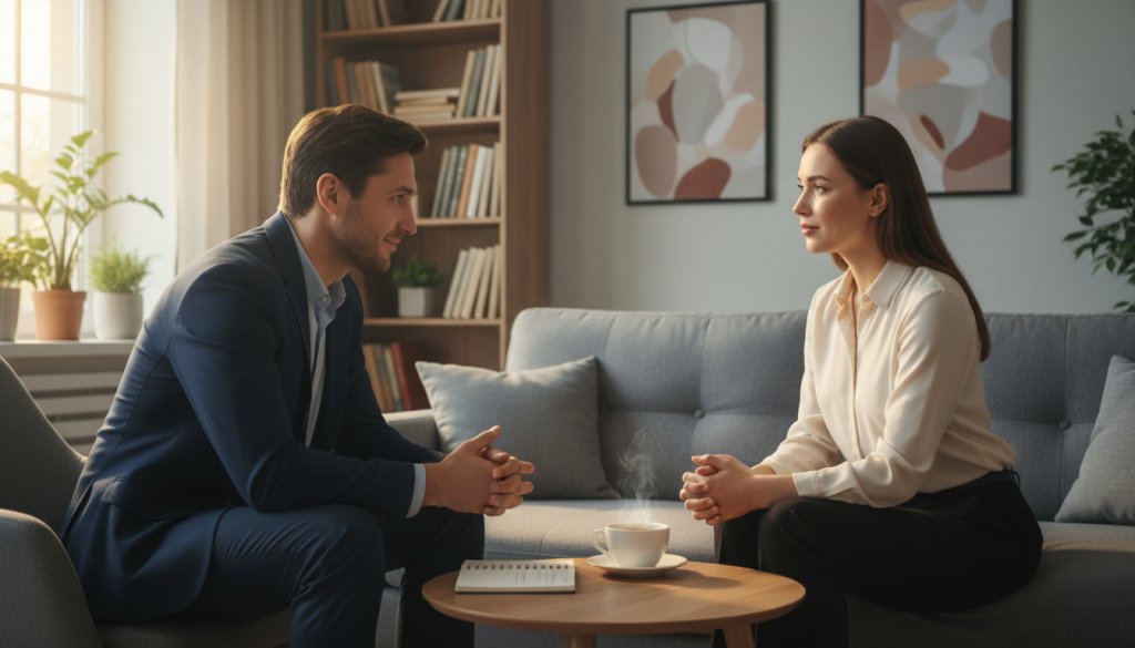 A serene indoor setting illustrating the concept of active listening. In the foreground, two individuals—a man and a woman—are engaged in a focused conversation, both dressed in professional business attire. The man, with warm features, leans slightly forward, showing engagement, while the woman, with an empathetic expression, attentively listens. In the middle ground, a softly glowing table with a steaming cup of tea and a notebook symbolizes the intimate atmosphere of their dialogue. The background features a cozy, well-lit room adorned with subtle art pieces and shelves filled with books, enhancing the mood of reflection and connection. Soft, natural light filters through a nearby window, creating a warm ambience that emphasizes the importance of communication and understanding.