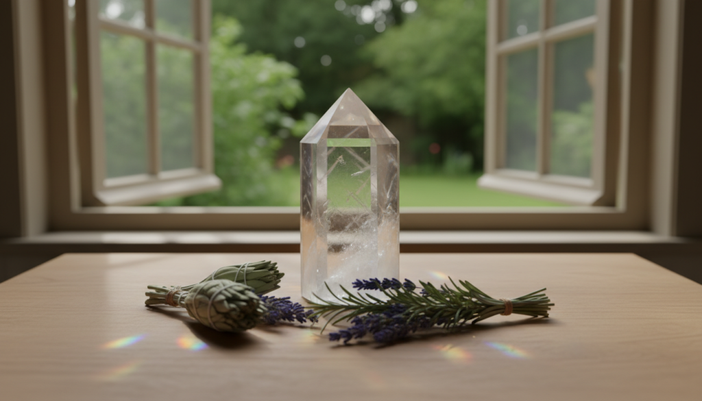 A serene indoor setting, showcasing a polished clear quartz crystal placed prominently on a natural wood altar. In the foreground, soft, ambient lighting creates a warm glow around the crystal, highlighting its facets and refracting light into calming rainbows. In the middle, various small herb bundles of sage, lavender, and rosemary are arranged artfully, symbolizing purification and protection from negative energies. In the background, a softly blurred view of peaceful greenery is visible through an open window, enhancing the tranquil atmosphere. The overall mood is peaceful and protective, embodying the essence of spiritual cleansing, with soft shadows and a focus on natural materials to evoke harmony. Use a gentle, diffused light to enhance the inviting and serene spirit of the scene.