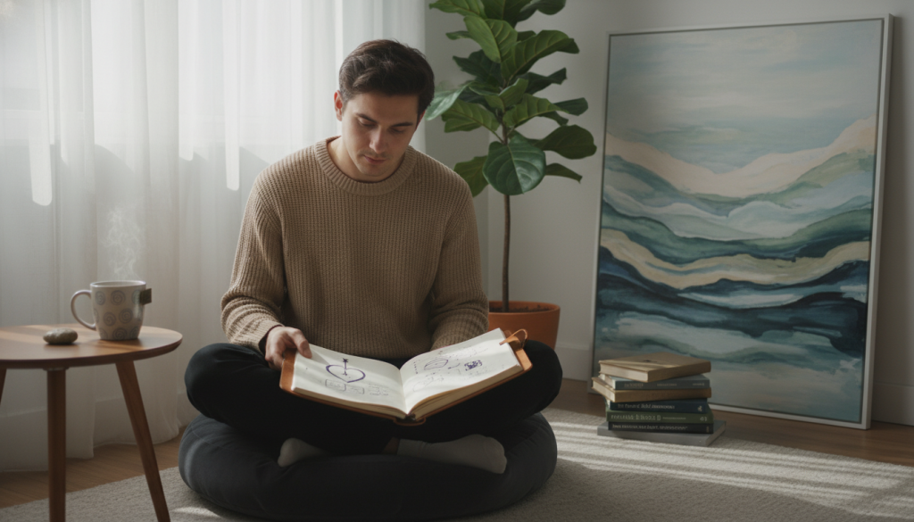 A serene indoor setting with soft, diffused natural light filtering through sheer curtains. In the foreground, a young professional in modest casual clothing sits cross-legged on a comfortable floor cushion, their expression thoughtful as they gaze at an open journal filled with sketches and notes. Beside them, a steaming cup of tea rests on a wooden table, symbolizing contemplation. The middle ground features a lush indoor plant and a stack of books related to self-help and personal growth, hinting at introspection. In the background, a gentle art piece resembling abstract waves adds to the tranquil atmosphere. The overall mood is calm and reflective, inviting the viewer to consider the value of introspection in personal relationships. A serene indoor setting with soft, diffused natural light filtering through sheer curtains. In the foreground, a young professional in modest casual clothing sits cross-legged on a comfortable floor cushion, their expression thoughtful as they gaze at an open journal filled with sketches and notes. Beside them, a steaming cup of tea rests on a wooden table, symbolizing contemplation. The middle ground features a lush indoor plant and a stack of books related to self-help and personal growth, hinting at introspection. In the background, a gentle art piece resembling abstract waves adds to the tranquil atmosphere. The overall mood is calm and reflective, inviting the viewer to consider the value of introspection in personal relationships.