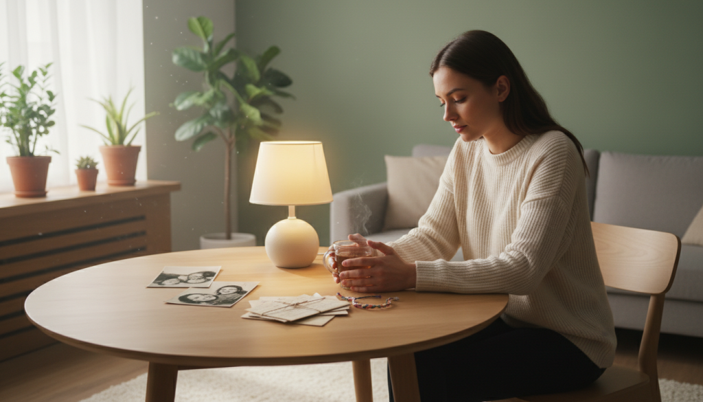 A serene, introspective scene depicting the concept of "purging connections and friendships." In the foreground, a young professional woman in modest casual attire sits thoughtfully at a round table, surrounded by a few scattered personal items symbolizing past friendships—like old photographs and letters. In the middle layer, a soft glow emanates from a warm lamp, illuminating her contemplative expression, while a cup of tea steams gently beside her. The background captures a cozy, minimalistic room with soft, calming colors, large windows letting natural light in, and potted plants adding a sense of tranquility. The mood is reflective and serene, conveying a gentle sense of closure and the importance of emotional clarity. The composition is captured at eye level, ensuring an intimate connection with the viewer.