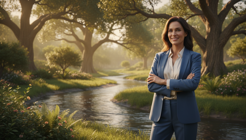 A serene, inviting scene illustrating the concept of healthy boundaries. In the foreground, a confident person, dressed in professional attire, stands with arms crossed, exuding self-assurance and calmness. The middle ground features a gentle, flowing river that visually represents emotional boundaries, while lush greenery symbolizes personal growth. In the background, soft, warm sunlight filters through tall trees, creating a tranquil atmosphere that suggests protection and peace. The composition uses a shallow depth of field to maintain focus on the individual, while the natural light adds a soft, golden hue, enhancing the mood of empowerment and serenity. Overall, the image conveys a sense of balance and resilience, ideal for highlighting the importance of establishing healthy boundaries.
