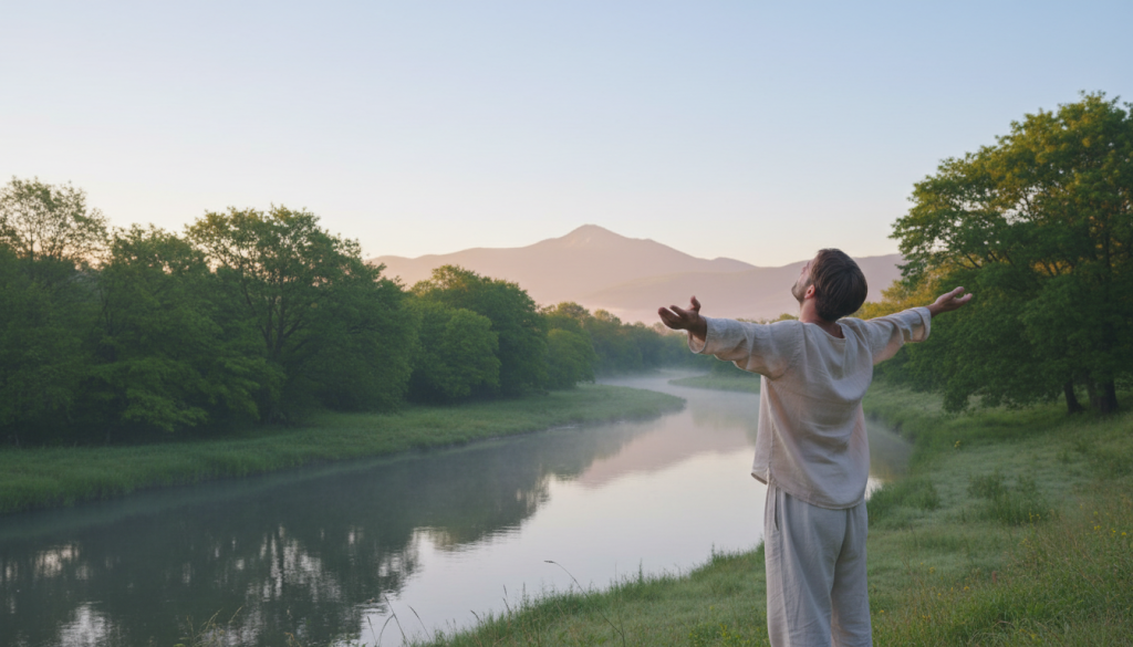 A serene landscape at dawn, symbolizing the release of burdens past. In the foreground, a person in modest casual clothing stands with arms open, eyes closed, embracing the fresh morning air. Their relaxed posture conveys a sense of letting go. The middle ground features a winding river reflecting the soft pink and orange hues of sunrise, suggesting tranquility and renewal. Lush, green trees frame the scene, while gentle fog hovers over the ground, enhancing the peaceful atmosphere. The background shows distant, softly lit mountains under a clear blue sky. The overall mood is uplifting and hopeful, with soft, natural lighting that creates a sense of clarity and wisdom in the journey of forgiveness.