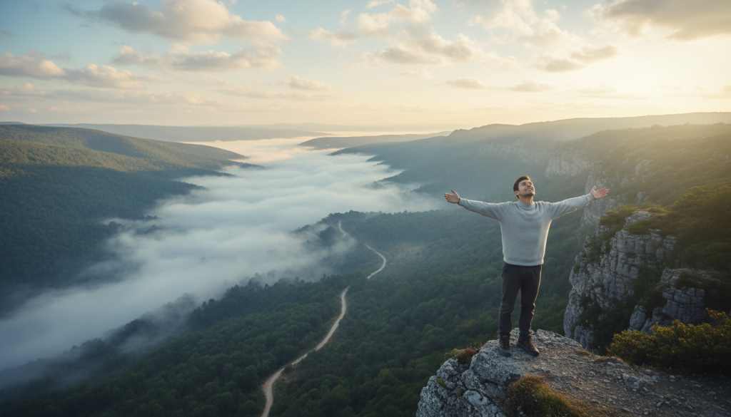 A serene landscape depicting a person standing at the edge of a cliff, looking out over a vast, misty valley that symbolizes overcoming past barriers. In the foreground, the individual, dressed in modest casual clothing, stands confidently, arms raised as if embracing new opportunities. The middle ground features a winding path leading through a lush forest, representing the journey of self-discovery. In the background, soft sunlight breaks through the clouds, casting a warm, golden glow over the horizon, suggesting hope and renewal. The atmosphere is calm and uplifting, evoking feelings of triumph and liberation. Use a wide-angle lens to capture the expansive scenery, with a soft focus on the horizon to create depth and emphasize the transition from past to future. A serene landscape depicting a person standing at the edge of a cliff, looking out over a vast, misty valley that symbolizes overcoming past barriers. In the foreground, the individual, dressed in modest casual clothing, stands confidently, arms raised as if embracing new opportunities. The middle ground features a winding path leading through a lush forest, representing the journey of self-discovery. In the background, soft sunlight breaks through the clouds, casting a warm, golden glow over the horizon, suggesting hope and renewal. The atmosphere is calm and uplifting, evoking feelings of triumph and liberation. Use a wide-angle lens to capture the expansive scenery, with a soft focus on the horizon to create depth and emphasize the transition from past to future.