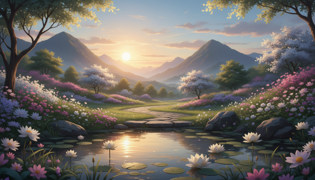 A serene landscape depicting a tranquil garden filled with soft, lush greenery and blooming flowers, symbolizing peace and forgiveness. In the foreground, a calm pond reflects the soft light of a warm sunset, casting gentle golden hues across the water’s surface. Delicate lotus flowers float gracefully, representing inner peace. In the middle ground, a stone path winds through the garden, inviting the viewer to embark on a journey toward forgiveness. In the background, majestic mountains rise softly against a pastel sky, embodying stability and strength. The atmosphere is serene and contemplative, with soft, diffused lighting that enhances the tranquil mood. The focus is on creating a harmonious blend of nature, inviting reflection and peace. No people are present, ensuring the scene remains universal and relatable.
