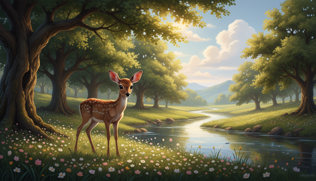 A serene landscape depicting the concept of harmlessness, with a soft, glowing light filtering through a lush green grove. In the foreground, a gentle deer stands gracefully, symbolizing innocence and peace, with delicate flowers blooming around it. In the middle ground, a clear stream flows quietly, reflecting the calm of the environment. The background features gentle hills under a soft blue sky, painted with light, fluffy clouds. The atmosphere conveys tranquility and introspection, inviting viewers to contemplate the balance between harmlessness and impulsivity. The lighting is soft and diffused, creating a warm and inviting tone. The overall composition should evoke a sense of peace and quiet reflection, with no human figures present, ensuring a focus on the symbolism of inofensividad.