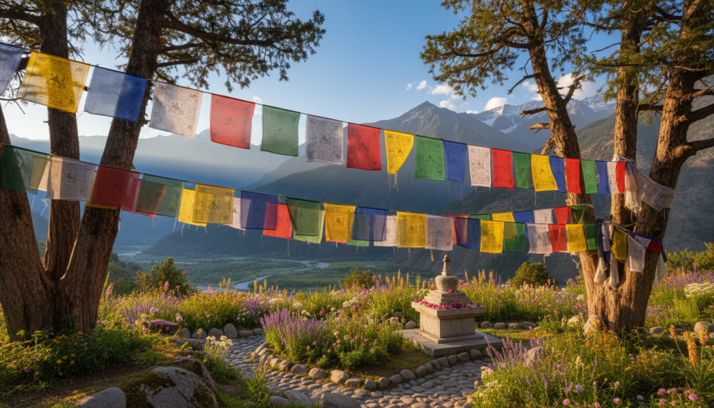 A serene landscape featuring colorful prayer flags fluttering gently in the wind, symbolizing personal balance and spiritual energy. In the foreground, richly textured prayer flags in vibrant hues of red, blue, yellow, and green are strung between two tall, majestic trees, their fabric catching the light. In the middle ground, a peaceful, lush garden is visible, adorned with soft, blooming flowers, creating a soothing atmosphere. The background reveals distant mountains under a clear blue sky, casting gentle shadows on the landscape. The soft, warm sunlight bathes the scene, creating a tranquil and uplifting mood. Capture the image from a slightly angled perspective, emphasizing the fluttering flags and their connection to the natural surroundings. The overall impression should evoke a sense of harmony and spiritual balance.