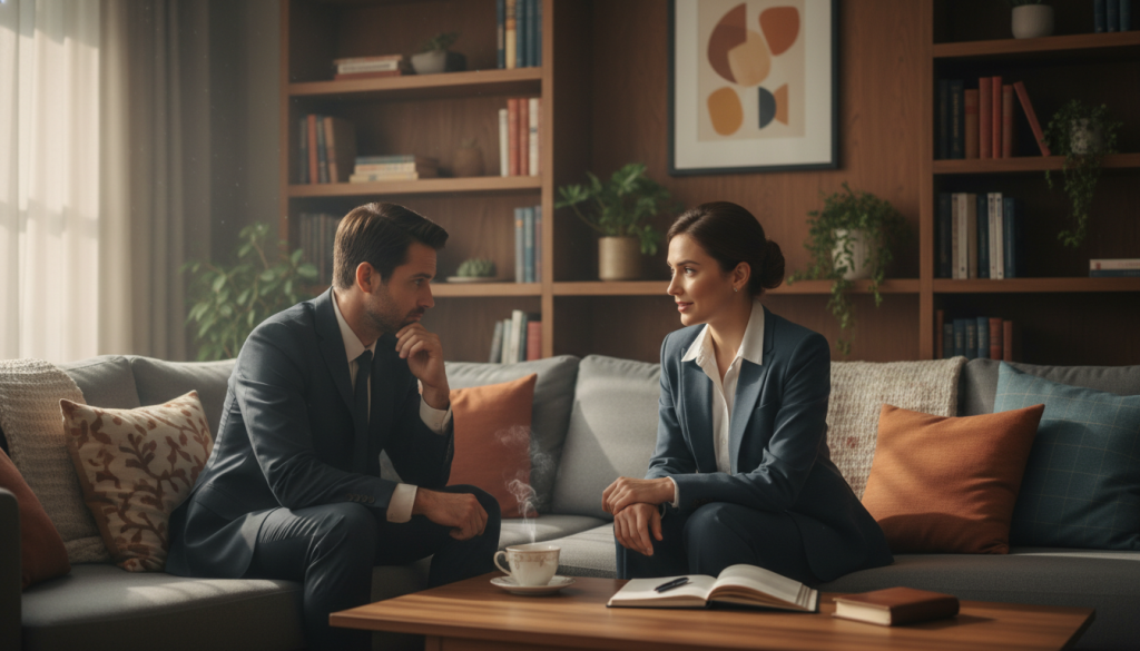 A serene living room setting, featuring a couple seated on a couch, engaged in a conversation that reflects subtle changes in their relationship habits. The foreground showcases a cozy, well-decorated space with soft cushions and warm lighting that creates an inviting atmosphere. The couple should be dressed in professional business attire, with expressions of contemplation and curiosity on their faces, indicating a deep discussion. In the middle ground, a coffee table holds a cup of tea and a notebook, symbolizing introspection and communication. The background displays a shelf with relationship books and plants, adding a touch of warmth and life. Soft, diffused lighting illuminates the scene, casting gentle shadows to convey a reflective mood, emphasizing the theme of change and adaptation in relationships.