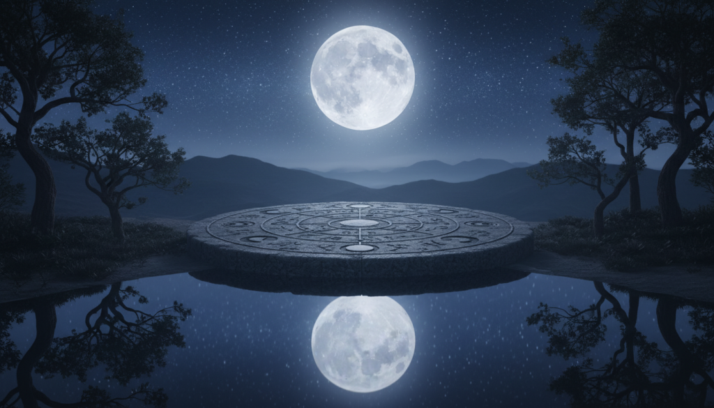 A serene night sky featuring a luminous full moon casting ethereal light on a tranquil landscape. In the foreground, a reflective pool of water captures the moonlight, symbolizing the soul's memory. Silhouetted trees frame the scene, their leaves softly rustling in the gentle breeze. The middle ground displays an ancient stone altar adorned with subtle celestial symbols, hinting at past lives and astrological influences. The background unfolds into misty mountains under a star-studded sky, creating a dreamlike atmosphere. The scene is illuminated by soft, cool lighting that enhances the mystical quality, conveying a sense of introspection and connection to the cosmos. The composition is balanced and harmonious, inviting viewers to contemplate the profound connection between the moon and the soul's memory.