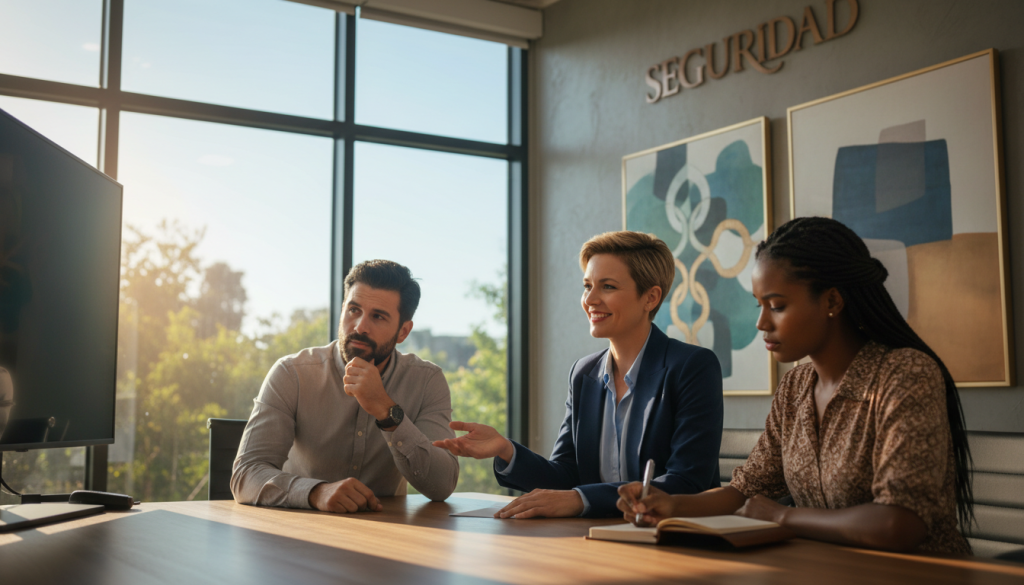 A serene office environment illustrating "seguridad," with a diverse group of three professionals engaged in a collaborative discussion. In the foreground, a confident woman with short hair, wearing a smart blazer, smiles as she presents ideas to her colleagues. To her left, a man in a button-up shirt listens attentively, while to her right, a woman in a modest dress takes notes, embodying focus and engagement. The middle ground features a large window with soft morning light flooding in, casting a warm glow on the wooden conference table. In the background, abstract art on the walls symbolizes growth and stability, creating an atmosphere of positive energy. The overall mood is inspiring and encouraging, highlighting the strength of teamwork and self-approval.