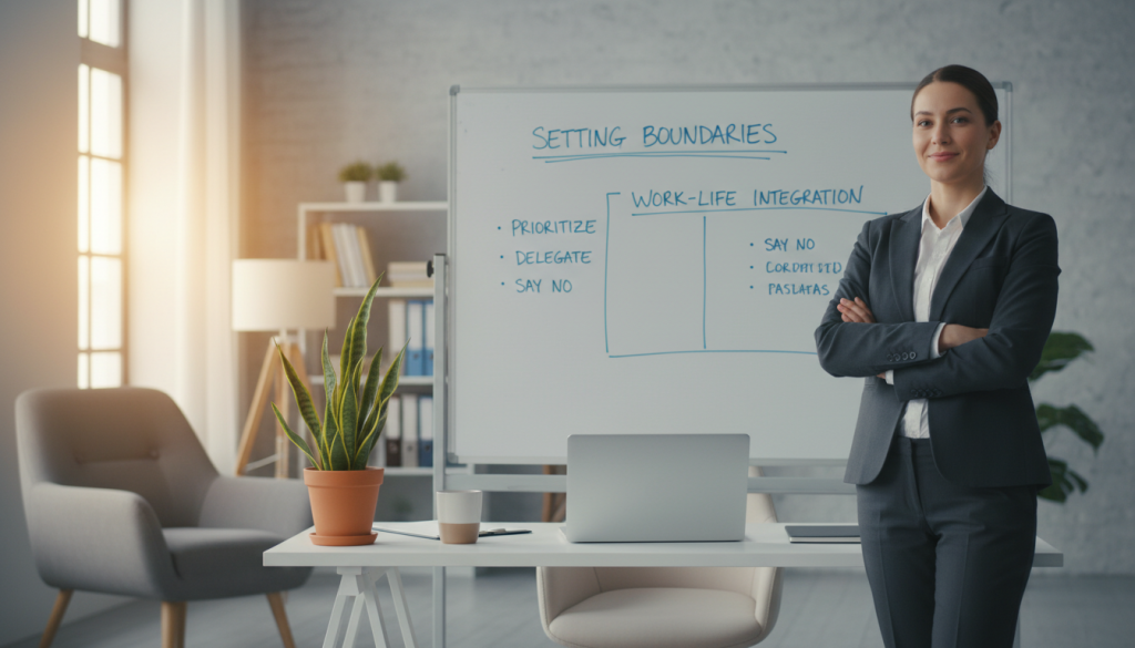 A serene office setting representing the concept of boundaries, featuring a well-organized desk with a closed laptop and a potted plant. In the foreground, a confident individual in professional business attire stands with arms crossed, projecting strength and composure. The middle ground includes a large whiteboard with clear diagrams illustrating concepts of personal and professional limits. The background is softly lit, creating a warm atmosphere with natural light filtering through a window. The overall mood is empowering and reflective, emphasizing the importance of clear boundaries. Use a soft focus to enhance the calmness of the scene, and capture the image from a slightly lower angle to create a sense of authority and presence. A serene office setting representing the concept of boundaries, featuring a well-organized desk with a closed laptop and a potted plant. In the foreground, a confident individual in professional business attire stands with arms crossed, projecting strength and composure. The middle ground includes a large whiteboard with clear diagrams illustrating concepts of personal and professional limits. The background is softly lit, creating a warm atmosphere with natural light filtering through a window. The overall mood is empowering and reflective, emphasizing the importance of clear boundaries. Use a soft focus to enhance the calmness of the scene, and capture the image from a slightly lower angle to create a sense of authority and presence.