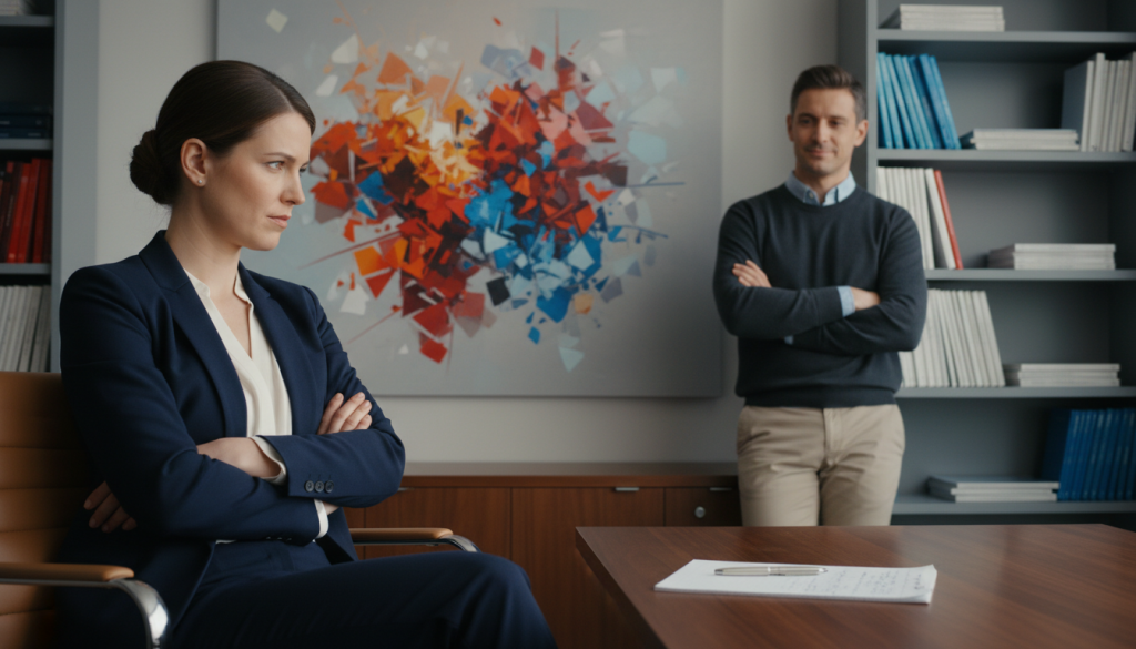 A serene office setting with two individuals engaged in a subtle passive-aggressive exchange. In the foreground, a woman in professional business attire sits at a desk, her expression tense but with a forced smile, her arms crossed slightly; she holds a pen tapping it against a notepad in annoyance. In the middle, a man in smart casual clothing leans against a bookshelf, arms crossed and smirking, embodying an unbothered demeanor. In the background, an abstract representation of tension, with vibrant colors contrasting with muted tones, symbolizing the underlying conflict. The lighting is soft and diffused, casting gentle shadows to enhance the atmosphere of quiet discomfort. The angle captures both faces clearly, emphasizing their expressions while maintaining a professional and respectful environment. A serene office setting with two individuals engaged in a subtle passive-aggressive exchange. In the foreground, a woman in professional business attire sits at a desk, her expression tense but with a forced smile, her arms crossed slightly; she holds a pen tapping it against a notepad in annoyance. In the middle, a man in smart casual clothing leans against a bookshelf, arms crossed and smirking, embodying an unbothered demeanor. In the background, an abstract representation of tension, with vibrant colors contrasting with muted tones, symbolizing the underlying conflict. The lighting is soft and diffused, casting gentle shadows to enhance the atmosphere of quiet discomfort. The angle captures both faces clearly, emphasizing their expressions while maintaining a professional and respectful environment.