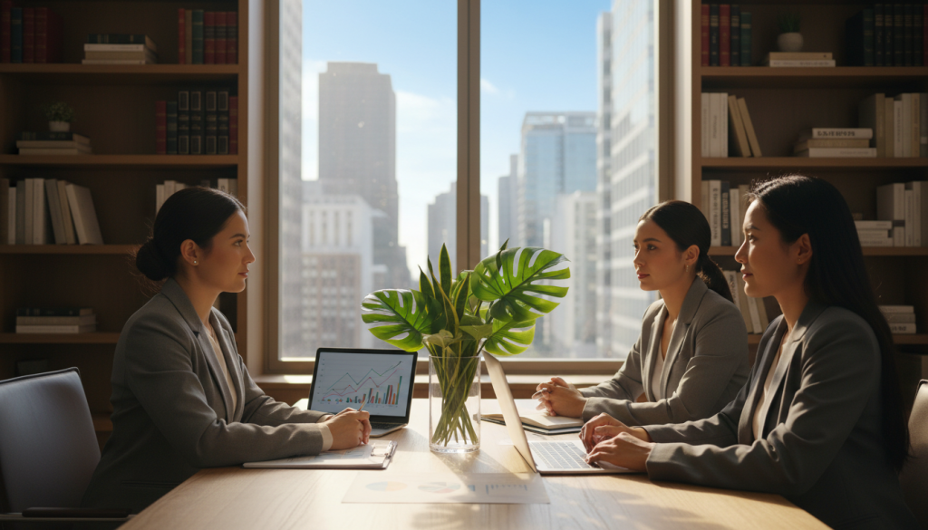 A serene office space bathed in soft, warm natural light, capturing a confident, diverse group of three business professionals in stylish, modest business attire engaged in a brainstorming session. In the foreground, a table filled with financial charts, a laptop displaying graphs, and a sparkling crystal-clear vase filled with green plants symbolizes growth. In the middle ground, a large window showcases a vibrant city skyline, depicting prosperity and opportunity. In the background, shelves are neatly lined with books on finance and personal development. The overall mood is inspiring and focused, evoking a sense of ambition, clarity, and positive energy, ideal for visualizing financial success. A serene office space bathed in soft, warm natural light, capturing a confident, diverse group of three business professionals in stylish, modest business attire engaged in a brainstorming session. In the foreground, a table filled with financial charts, a laptop displaying graphs, and a sparkling crystal-clear vase filled with green plants symbolizes growth. In the middle ground, a large window showcases a vibrant city skyline, depicting prosperity and opportunity. In the background, shelves are neatly lined with books on finance and personal development. The overall mood is inspiring and focused, evoking a sense of ambition, clarity, and positive energy, ideal for visualizing financial success.