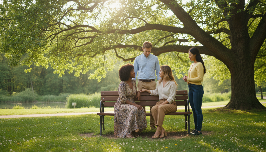 A serene outdoor scene depicting a diverse group of four individuals engaged in a supportive conversation under a large tree in a sunlit park. In the foreground, two women, one Black and one Hispanic, exchange warm smiles while seated on a bench. In the middle, a Caucasian man and an Asian woman stand nearby, nodding in understanding and empathy, wearing smart casual clothing. The background features lush greenery and soft, dappled sunlight filtering through leaves, creating a peaceful atmosphere. The scene conveys warmth, connection, and a sense of community, emphasizing the importance of social bonds in emotional healing. The lighting is soft and golden, enhancing the calm and hopeful mood of the image.