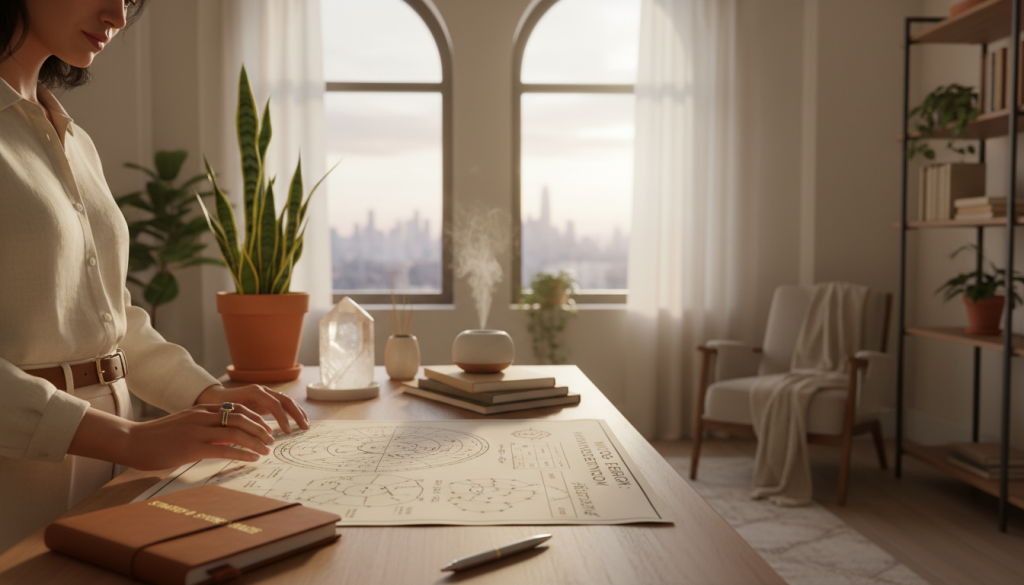 A serene, professional workspace illustrating strategies to manage Virgo energy. In the foreground, a focused individual in smart-casual attire studies a detailed astrology chart spread across a desk, with aspirational expressions of determination and clarity. In the middle ground, various tools like notebooks, a crystal, and a potted plant symbolize organization and harmony. The background features a calming, softly-lit office with large windows allowing natural light to fill the space, enhancing a tranquil atmosphere. The overall mood should convey a sense of balance and introspection, appropriate for someone seeking to channel their Virgo energy constructively. Use a warm color palette and soft focus for a peaceful effect.