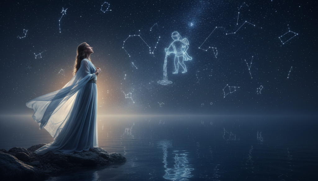 A serene representation of the Zodiac sign Aquarius in pursuit of true love, featuring a dreamy, starry night sky filled with twinkling constellations in the background. In the foreground, a person dressed in modest, flowing attire stands near a calm body of water, gazing thoughtfully into the distance, symbolizing introspection and hope. The middle layer includes shimmering reflections of stars on the water's surface, creating a magical atmosphere. Soft, ethereal lighting enhances the scene, adding a warm glow. The angle is slightly elevated, capturing the expansive beauty of the night sky and the reflective journey of the individual. The overall mood is romantic and contemplative, inviting the viewer to ponder the nature of love and connection.