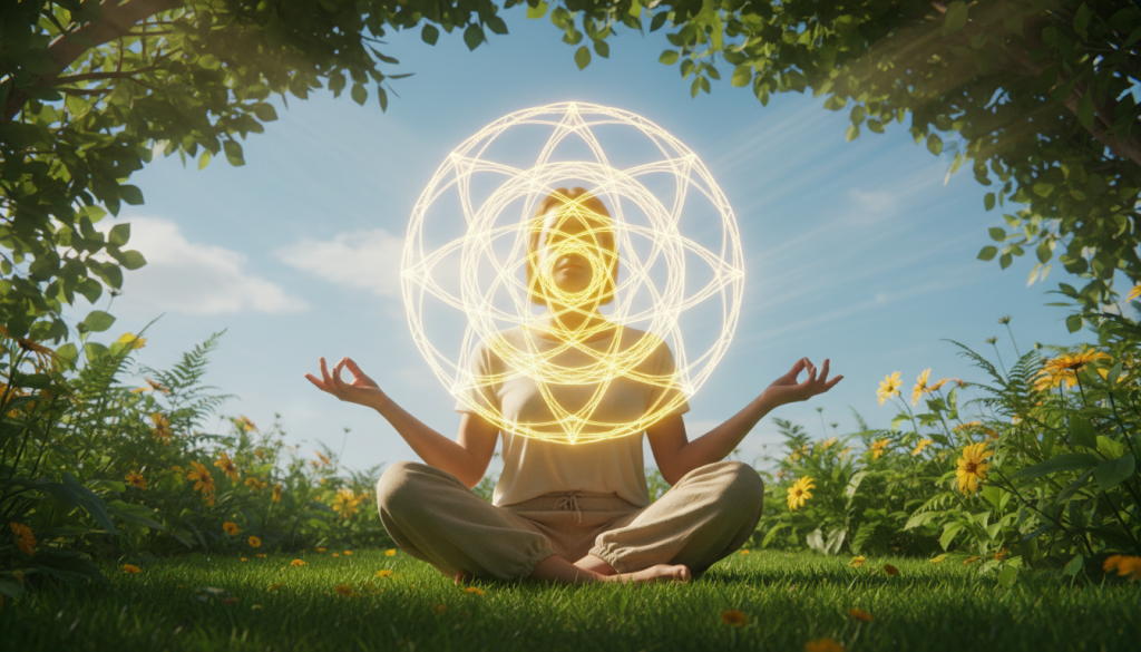 A serene scene centered on a beautifully designed "plexo solar," the solar plexus chakra, glowing vibrant yellow and golden hues. In the foreground, a meditative figure in modest casual clothing sits cross-legged on a soft, grassy surface, exuding tranquility. The figure's hands are raised in a gentle gesture of balance. In the middle ground, lush, green plants surround the figure, subtly illuminated by soft sunlight filtering through a canopy of tree leaves. The background features a tranquil blue sky with faint clouds, adding to the peaceful atmosphere. The overall mood is harmonious and uplifting, suggesting energy balance and vitality. The lighting creates gentle highlights and shadows, emphasizing the warmth and energy of the scene.