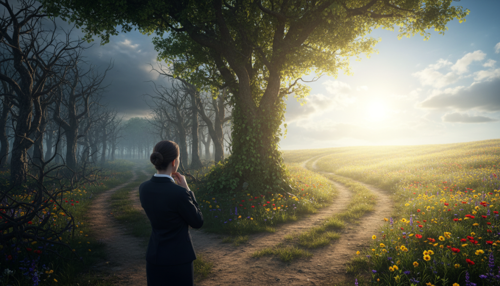 A serene scene depicting a person at a crossroads, symbolizing emotional transformation. In the foreground, a figure dressed in professional attire stands thoughtfully at a fork in a pathway, with one direction leading to a dark, overgrown forest symbolizing abandonment and the other to a vibrant, sunlit meadow representing personal growth. In the middle ground, lush greenery transitions into both paths, with gentle sunlight filtering through the trees, creating a warm atmosphere. In the background, a clear blue sky gradually darkens and lightens towards the respective paths. The mood is reflective yet hopeful, capturing the essence of overcoming drama to embrace personal development through emotional resilience. The angle is slightly elevated, allowing a view of both paths, evoking a sense of choice and possibility. A serene scene depicting a person at a crossroads, symbolizing emotional transformation. In the foreground, a figure dressed in professional attire stands thoughtfully at a fork in a pathway, with one direction leading to a dark, overgrown forest symbolizing abandonment and the other to a vibrant, sunlit meadow representing personal growth. In the middle ground, lush greenery transitions into both paths, with gentle sunlight filtering through the trees, creating a warm atmosphere. In the background, a clear blue sky gradually darkens and lightens towards the respective paths. The mood is reflective yet hopeful, capturing the essence of overcoming drama to embrace personal development through emotional resilience. The angle is slightly elevated, allowing a view of both paths, evoking a sense of choice and possibility.