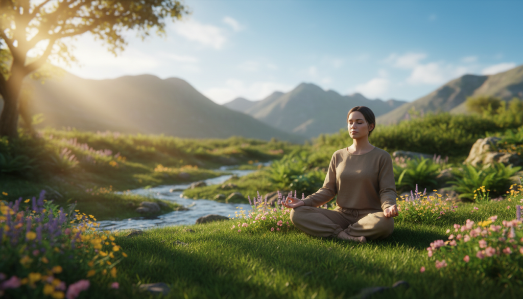A serene scene depicting a person meditating in a peaceful outdoor setting. In the foreground, a figure in modest casual clothing is seated cross-legged on a soft patch of grass, surrounded by vibrant wildflowers. The middle layer features gentle, flowing streams and lush greenery, symbolizing natural energy flow. The background showcases distant mountains under a bright blue sky with soft, ethereal clouds. Warm sunlight filters through the trees, creating dappled light patterns on the ground, enhancing the tranquil atmosphere. The mood is calm and reflective, embodying the theme of personal energy protection. Use a soft focus effect to emphasize serenity, with a focus on the meditating figure and the surrounding nature. A serene scene depicting a person meditating in a peaceful outdoor setting. In the foreground, a figure in modest casual clothing is seated cross-legged on a soft patch of grass, surrounded by vibrant wildflowers. The middle layer features gentle, flowing streams and lush greenery, symbolizing natural energy flow. The background showcases distant mountains under a bright blue sky with soft, ethereal clouds. Warm sunlight filters through the trees, creating dappled light patterns on the ground, enhancing the tranquil atmosphere. The mood is calm and reflective, embodying the theme of personal energy protection. Use a soft focus effect to emphasize serenity, with a focus on the meditating figure and the surrounding nature.