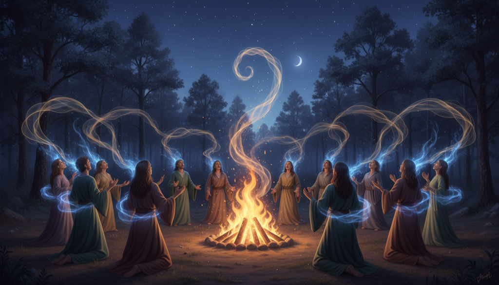 A serene scene depicting the powerful combination of voice and fire, set in an earthy outdoor environment at twilight. In the foreground, a diverse group of individuals dressed in modest, flowing garments stands in a circle, each person exuding a vibrant aura of energy as they raise their hands or sing harmoniously. The mid-ground features a striking bonfire with flickering flames that dance and swirl, illuminating their faces with warm, golden light. The background showcases gently swaying trees silhouetted against a deep blue sky speckled with twinkling stars. The atmosphere is one of unity and empowerment, enhanced by soft, ethereal lighting that highlights the movement of their voices, creating an enchanting and uplifting mood.