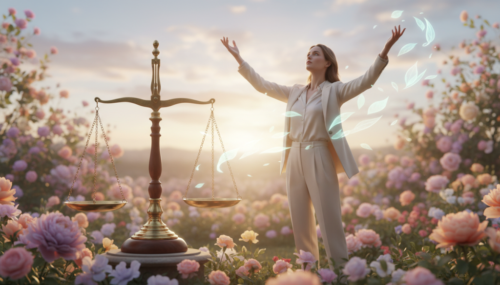 A serene scene symbolizing the quest for harmony, featuring a delicate balance scale set against a soft, dreamy background. In the foreground, a graceful figure of a person, dressed in elegant, professional attire, stands thoughtfully beside the scale, embodying the essence of Libra. The figure gazes upwards, surrounded by ethereal elements like gentle winds and floating leaves, conveying tranquility. In the middle ground, a lush garden filled with vibrant flowers blooms in warm pastel colors, symbolizing harmony and beauty. The background features a softly lit sky at dawn, with gentle, diffused sunlight breaking through clouds, creating a peaceful and hopeful atmosphere. A shallow depth of field emphasizes the figure and the scale, creating a sense of intimate reflection. The image captures a mood of calm introspection, ideal for illustrating the pursuit of balance and harmony.