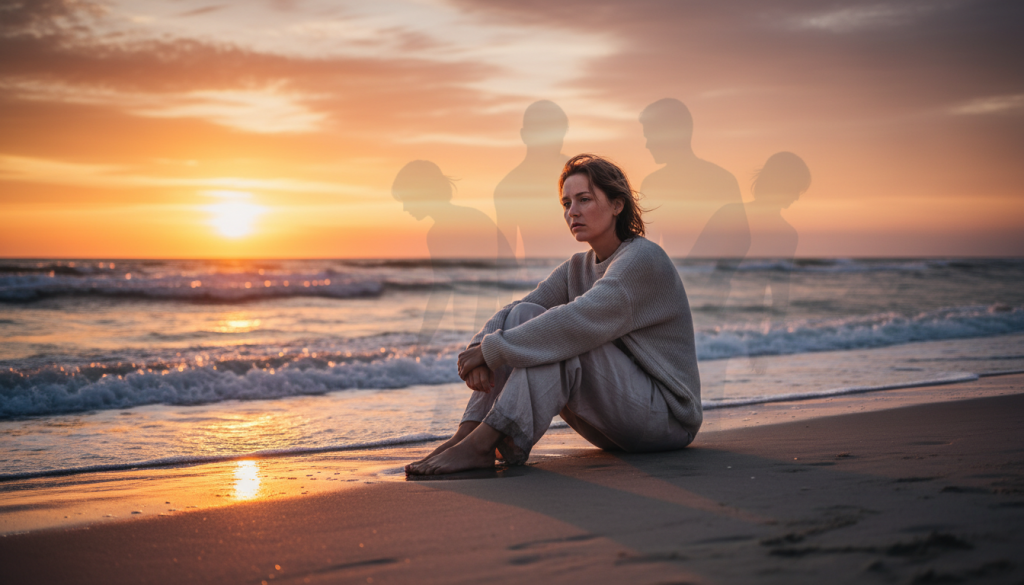A serene, softly lit scene depicting the emotional and physical symptoms of trauma. In the foreground, a person (dressed in modest casual clothing) sits cross-legged on a tranquil beach, gazing contemplatively at the horizon, their expression a blend of sadness and introspection. Their posture conveys vulnerability. Surrounding them are transparent, faint outlines of shadowy figures representing anxiety and distress, symbolizing the invisible burdens people carry. The middle ground features gentle waves lapping at the shore, signifying healing yet remaining tumultuous. The background shows a sunset with warm hues of orange and pink, creating an atmosphere of hope and transformation. The lighting is soft and warm, casting long shadows for depth, captured using a slight upward angle to evoke a sense of looking up from a place of struggle. The overall mood is one of quiet reflection and a journey towards healing.