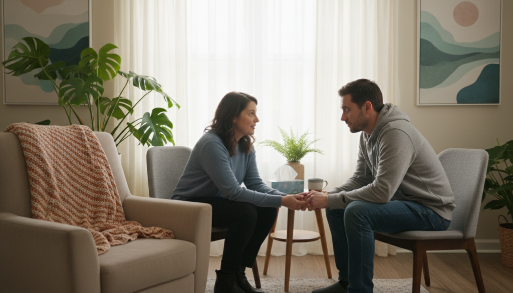 A serene therapy room featuring a professional therapist sitting across from a client, both engaged in a deep conversation about emotional pain and inner strength. In the foreground, a soft armchair with a warm, inviting blanket, symbolizing comfort. The middle ground captures the therapist and client, both in modest casual clothing, their expressions reflecting empathy and understanding. The background is softly illuminated with warm, natural light streaming in through a window adorned with gentle curtains, creating a calming atmosphere. Subtle elements of nature, like plants or calming artwork, enhance the sense of healing and support in this space. The overall mood is one of tranquility, hope, and resilience, reflecting the theme of pain management and inner strength.