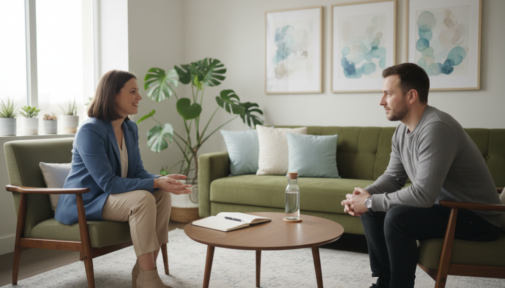 A serene therapy room filled with soft, natural light streaming through a large window. In the foreground, two professional figures, a therapist and a client, sit across from each other. The therapist, wearing smart casual attire, exudes empathy and understanding, while the client, dressed modestly, appears contemplative yet engaged. In the middle ground, a cozy sofa with plush cushions and calming art on the walls creates a warm atmosphere. A small coffee table holds a notepad and a water bottle. In the background, plants add a touch of nature, fostering a sense of tranquility. The overall mood is one of safety, support, and healing, emphasizing the importance of seeking professional help in overcoming emotional trauma. The image is captured with a soft focus lens for a warm, inviting look.