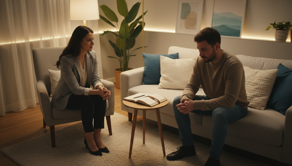A serene therapy room with warm, ambient lighting creating a calm atmosphere. In the foreground, a therapist, dressed in professional attire, empathetically listens to a seated client, who looks contemplative and vulnerable, reflecting the emotional struggle of abandonment. The middle layer shows a cozy couch adorned with soft pillows, a small table with a journal and a pen, symbolizing the therapeutic process. In the background, soft plants and calming artwork enhance the room’s tranquility. The overall mood is reflective and supportive, embodying healing and emotional growth, captured from a slightly elevated angle to emphasize the connection between the therapist and the client. A serene therapy room with warm, ambient lighting creating a calm atmosphere. In the foreground, a therapist, dressed in professional attire, empathetically listens to a seated client, who looks contemplative and vulnerable, reflecting the emotional struggle of abandonment. The middle layer shows a cozy couch adorned with soft pillows, a small table with a journal and a pen, symbolizing the therapeutic process. In the background, soft plants and calming artwork enhance the room’s tranquility. The overall mood is reflective and supportive, embodying healing and emotional growth, captured from a slightly elevated angle to emphasize the connection between the therapist and the client.