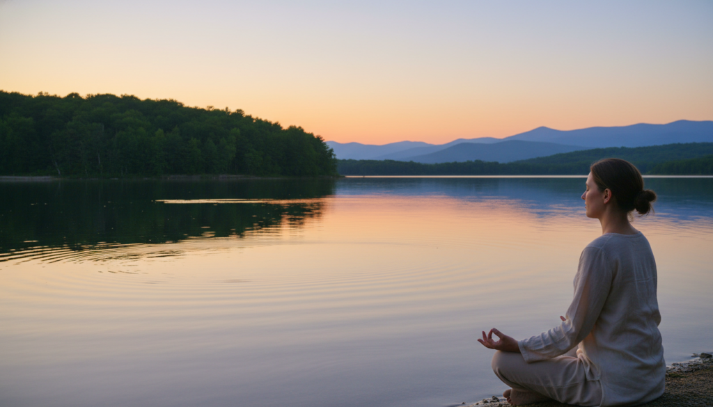 A serene, tranquil scene depicting a person sitting cross-legged on a peaceful lakeshore during sunset, embodying emotional management. In the foreground, the individual, dressed in modest casual clothing, practices mindfulness, with soft light illuminating their face. The middle ground features gentle ripples on the water reflecting warm hues of orange and pink, symbolizing the intensity of emotions being gracefully managed. In the background, lush trees provide a calming presence, while distant mountains fade into a soothing blue sky. The overall atmosphere is one of tranquility and balance, showcasing the essence of managing intense emotions through connection with nature and self-awareness. Soft, diffused lighting enhances the peaceful mood, evoking a sense of calm and focus.